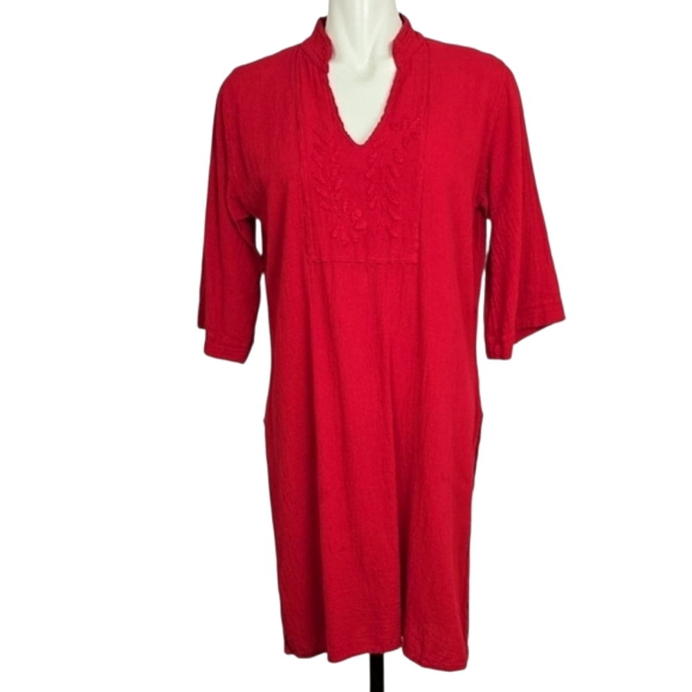 Manta del Lago Women's Red V-Neck Cotton Tunic Top Side Slits 3/4 Sleeves M